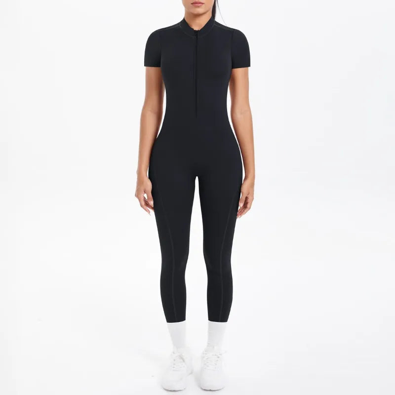 New Women's Yoga Jumpsuit Front Zipper Tight Back Hollow Out Short Sleeve-pants Activewear for Fitness Running Gym Workout