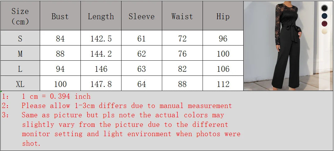 Woman Black Lace Sleeve Jumpsuit Round Neck Belted Waist Ideal for Evening Parties and Cocktail Events.