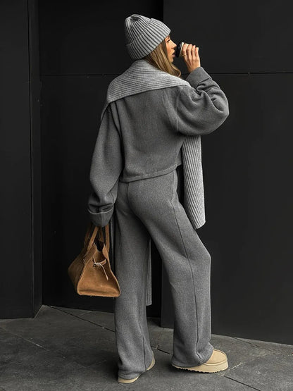 Knit Women 2 Piece Outfit Round Neck Zipper Loose Cuffs Cropped Coat For Lady Sporty Elatic Waist Autumn Female Wide Leg Pants.