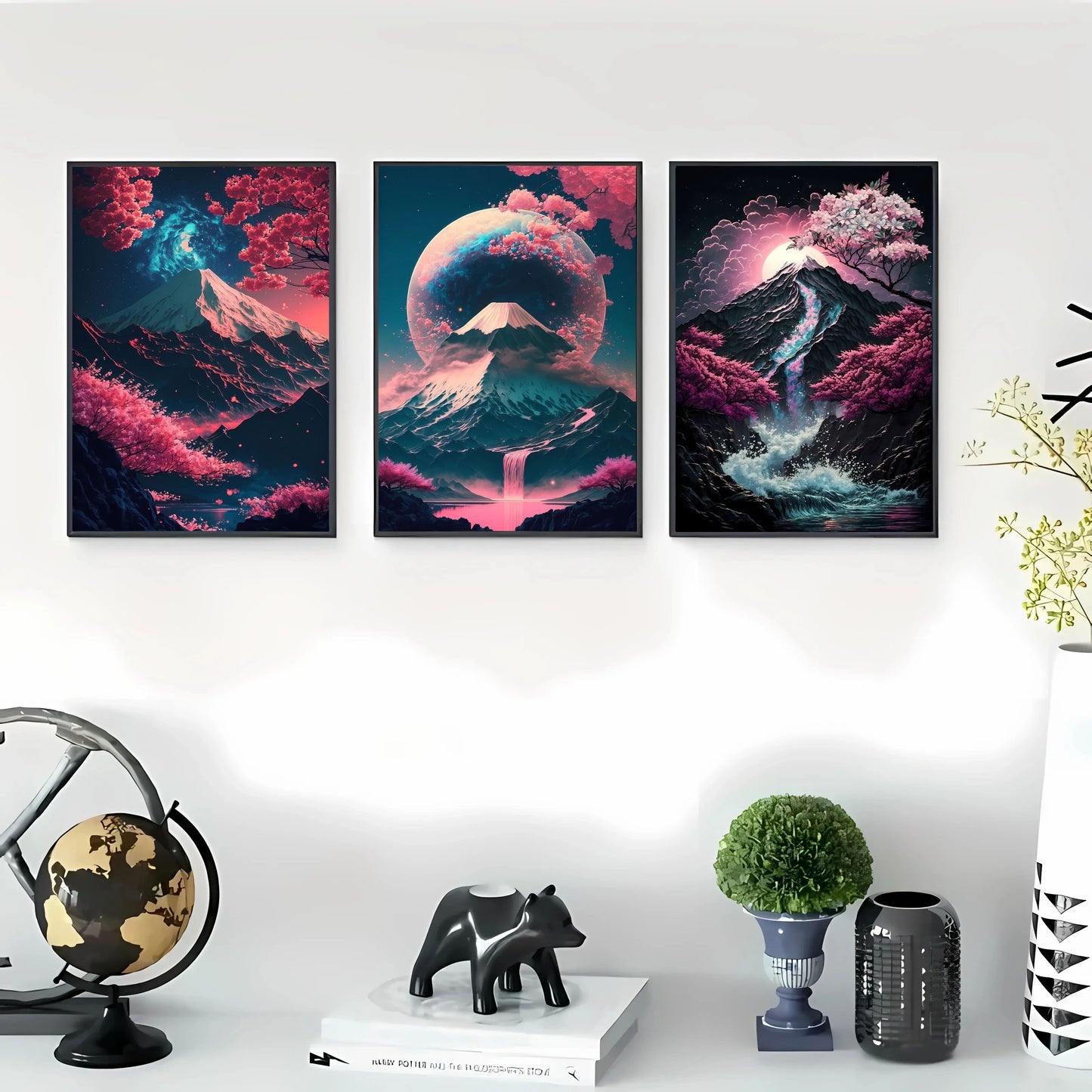 3pcs Frameless Japanese Natural Landscape Canvas Painting Black And Red Posters Vintage Ink Art Wall Prints For Living Room Home.