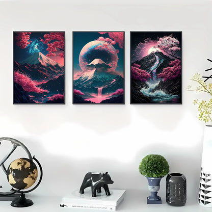 3pcs Frameless Japanese Natural Landscape Canvas Painting Black And Red Posters Vintage Ink Art Wall Prints For Living Room Home.