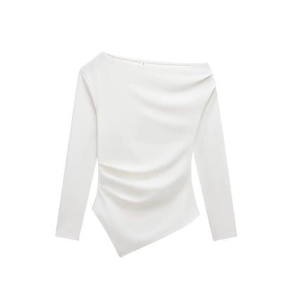 HH Women Fashion Solid 5-Color Asymmetrical Slant Collar Tops Female Spring Pleated Decoration Casual Slim Elasticity Top