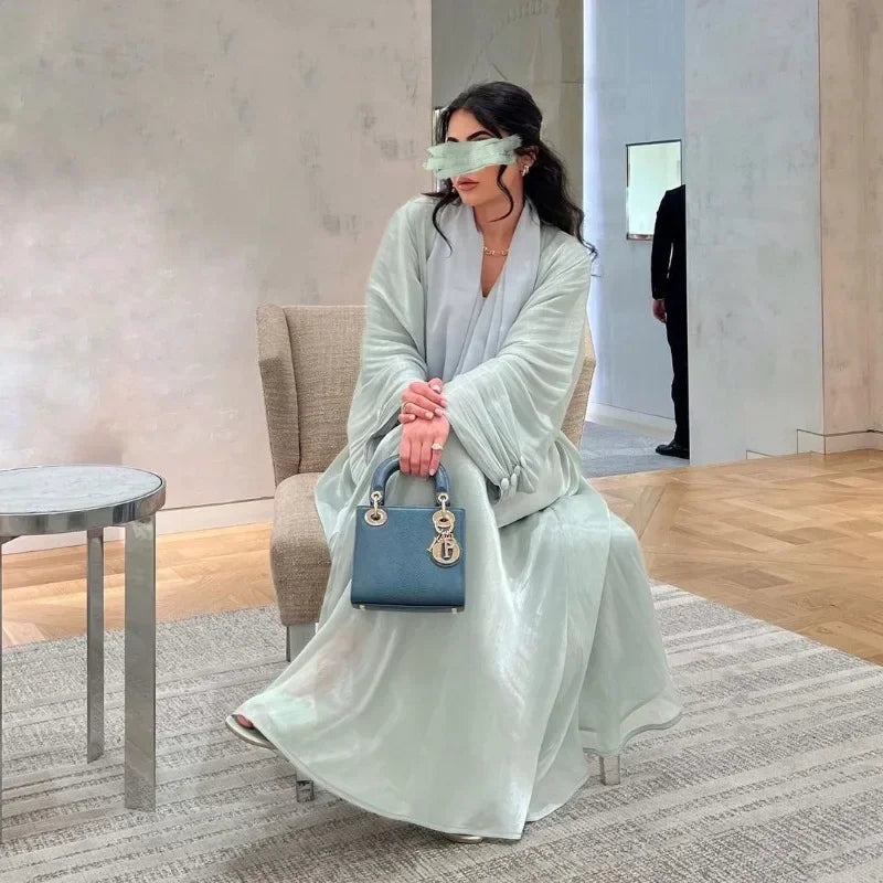 2025 Ramadan Satin muslimischen bescheidenen Kleid arabische Frauen öffnen Abaya Dubai islamische Langarm Cardigan Kleidung Truthahn schlichte Robe.