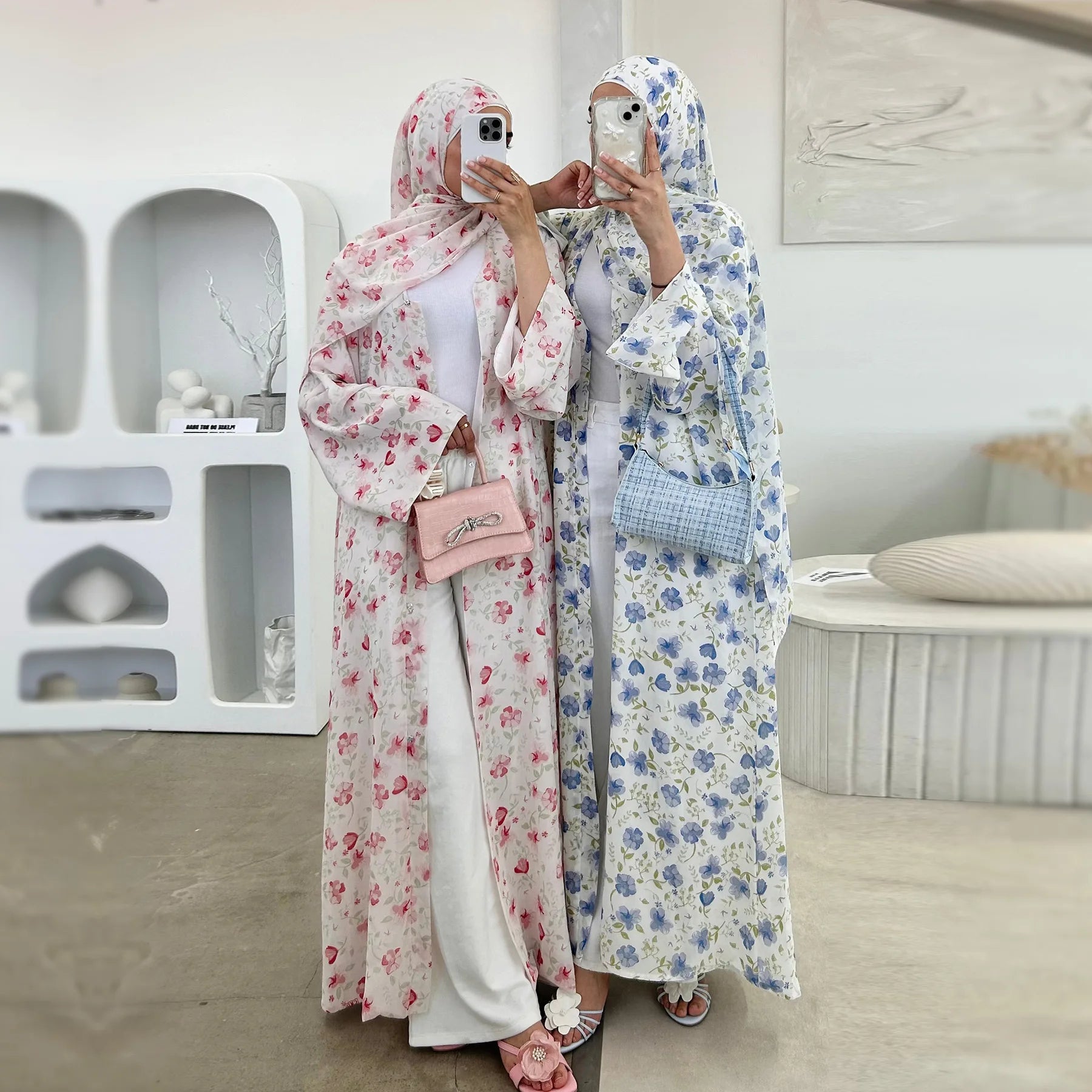 Muslim Abaya Set Luxury EID Islamic Kimono Muslim Women Dress Floral Printed Chiffon Modest Gorgeous Dubai Abaya Dress Suit.