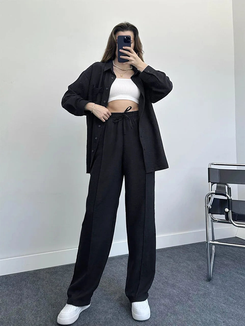 New Autumn Red Women Casual Two-piece Set, Features A Thin Long-sleeved Lapel Shirt Paired with Matching Drawstring Trousers.