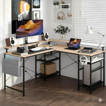 Moderner L-Schreibtisch, 2 in 1 Umwandelbar, 140/230cm, mit ergonomischer Monitortisch-Aufsatz, Power Hub, Gaming-Tisch