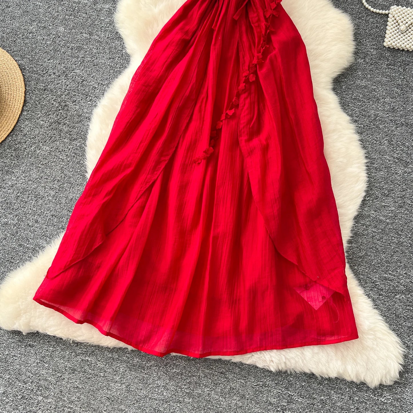 SINGREINY 2025, süßes Sommerkleid für Damen, Spaghettiträger, plissiert, 3D-Blumenmuster, schickes Sommerkleid, Fairycore, unregelmäßiges Kleid