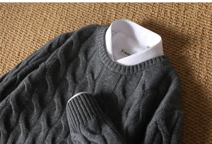 Autumn Winter Thickened Cashmere Sweater 100% Merino Wool Men's Top O-Neck Twisted Pullover Knitted Loose Long Sleeve Sweater.