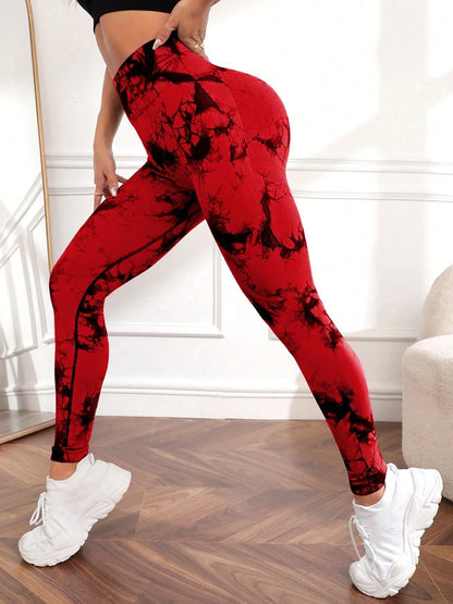 Women's tie-dye high-waist yoga sweatpants tummy control high-elastic fitness running sports leggings sportswear.
