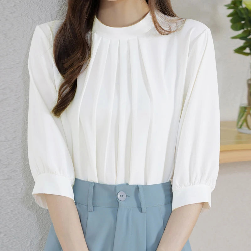 ZANZEA Fashion Stand Collar Blouse Woman 3/4 Sleeve Solid Color Tunic Tops Female Casual Loose Shirt Elegant Party Blusas Mujer.