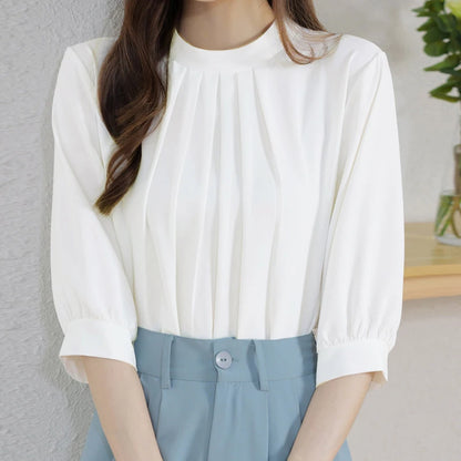 ZANZEA Fashion Stand Collar Blouse Woman 3/4 Sleeve Solid Color Tunic Tops Female Casual Loose Shirt Elegant Party Blusas Mujer.