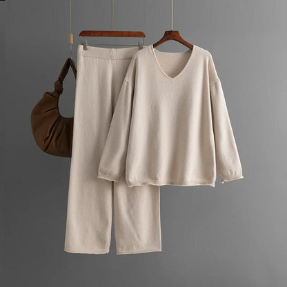 Autumn Winter New Fashion Women’s Solid Color Casual Trendy Loose 2 Piece Sets V-neck Long Sleeve T-shirts Wide Leg Trousers.