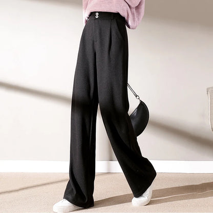 2024 Autumn Winter Women Concise Woolen Pants Lady Wide Leg Designer Outside Trousers Female Thicken High Waisted Draping Pants.