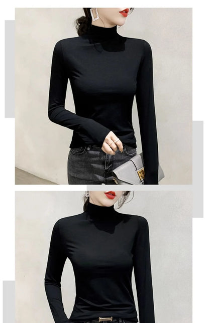 Schwarz Rollkragen T-shirt Langarm Tops Frauen Y2k Kleidung Herbst Winter Koreanische Mode Modale Elegante T-shirts für Frauen 2024