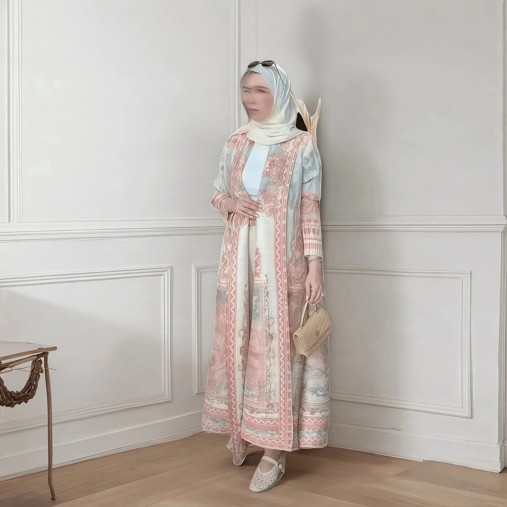 Langer Herbstmantel für Damen, Retro-bedruckt, langärmelig, muslimisches Abaya, Saudi-Mode, faltiger Taillengürtel.