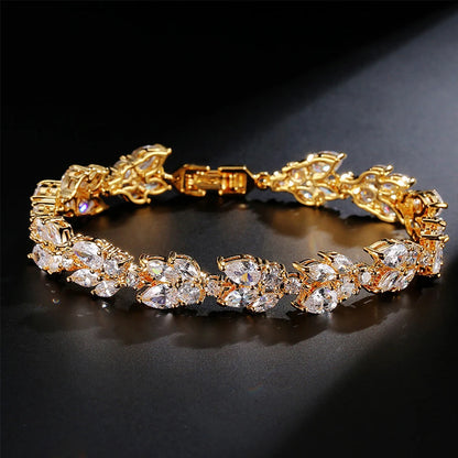 ZAKOL Luxury AAA Cubic Zirconia Wedding Bracelets for Women High Quality White Gold Color Leaf Charm Bracelet Bangles.
