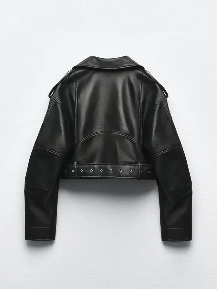 Traf Frauen übergroße Vintage lose Pu Kunstleder kurze Jacke mit Gürtel Streetwear weiblichen Reiß verschluss Retro Moto Biker Mantel Outwear.