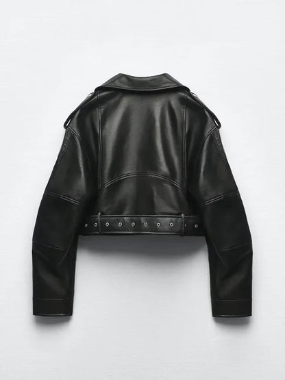 Traf Frauen übergroße Vintage lose Pu Kunstleder kurze Jacke mit Gürtel Streetwear weiblichen Reiß verschluss Retro Moto Biker Mantel Outwear.
