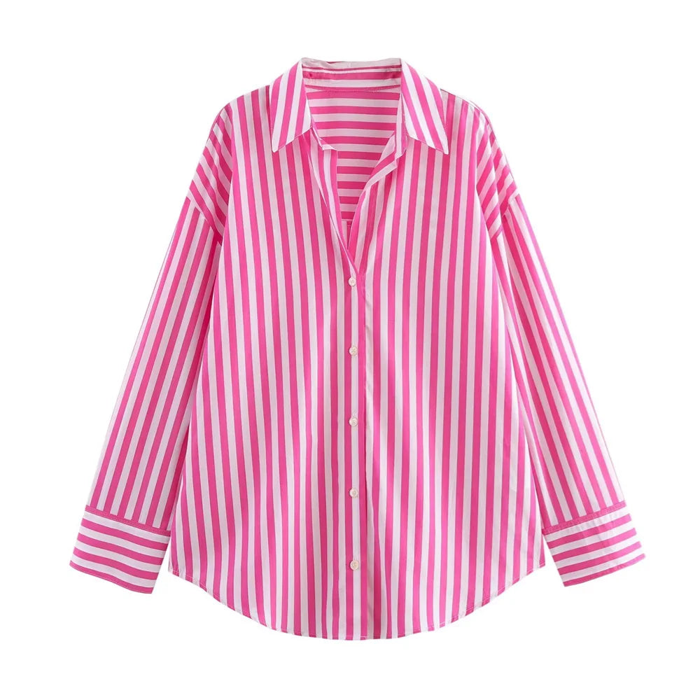 women's striped loose shirt with collar decoration for spring and summer new casual women's clothing.