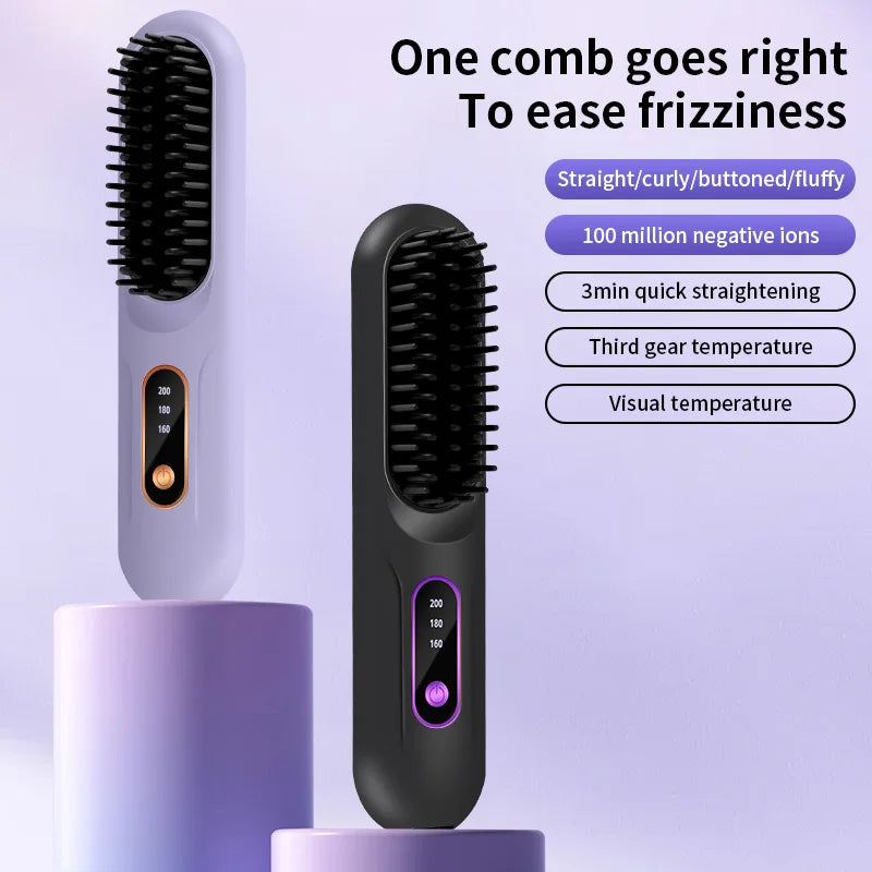 Electric Heating Straight Hair Comb LCD Screen USB Wireless Portable Negative Ion Styling Tool Rechargeable Straightening Brush.