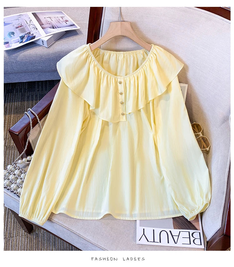 2025 French Large Size Long Sleeve O-neck Solid Color Loose Ruffle Shirt Ladies Spring Autumn Plus Size Blouses for Women.