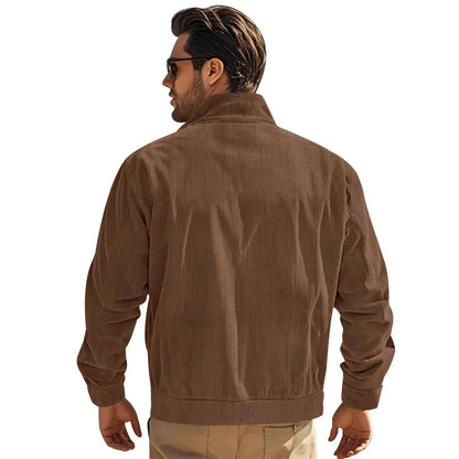 Men's Corduroy Jacket Stand-up Collar Slim Fit Retro Multi-pocket Workwear Commuter Coat for Spring And Autumn