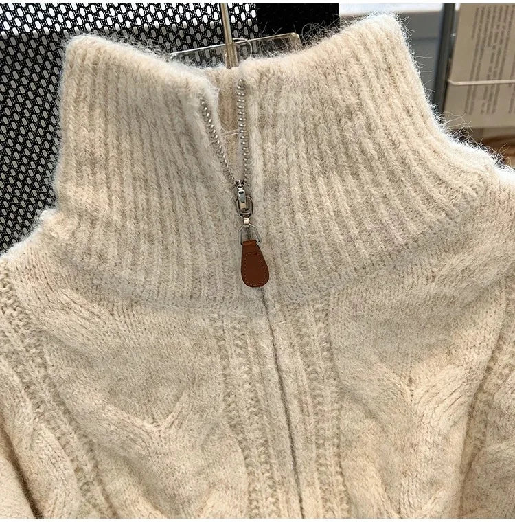Women Autumn Winter New Lazy Style Loose Knitted Cardigan Retro Solid Color Double Zipper Turn-down Collar Sweater New Women Top.