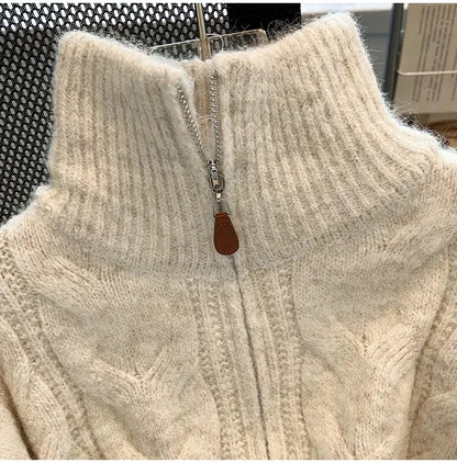 Women Autumn Winter New Lazy Style Loose Knitted Cardigan Retro Solid Color Double Zipper Turn-down Collar Sweater New Women Top.
