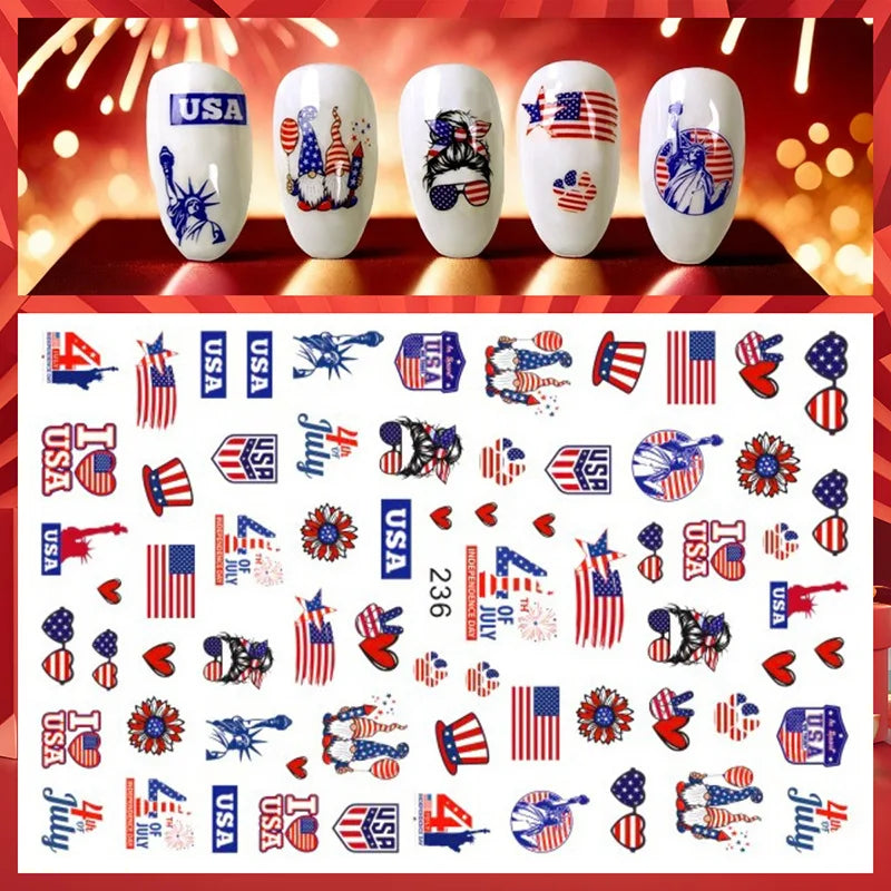 8Pcs/Set 3D USA Independence Day Nail Stickers America Flags Design Self-Adhesive Nail Art Decals DIY Manicure Decor Sliders &#.