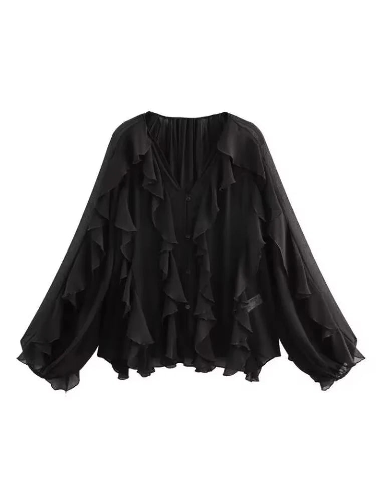 Women Fashion With Ruffles Semi-sheer Blouses V Neck Long Sleeve Button-up Female Shirts Chic Tops.