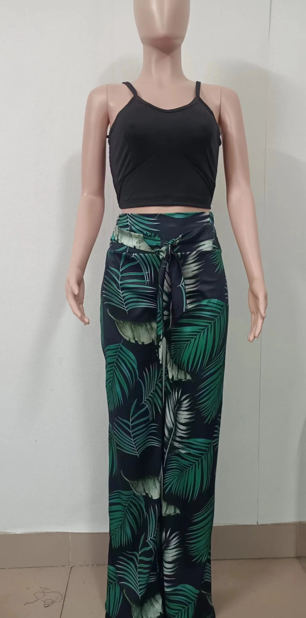 Women Fashion Print Halter V-Neck Short Tank Suit Tops Long Pants Matching Set Summer Casual Female Slim Pants Two Piece Sets.