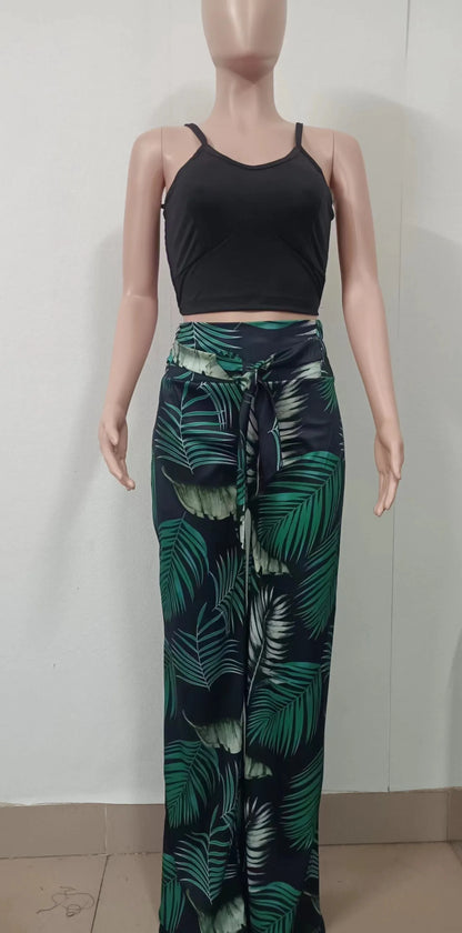 Women Fashion Print Halter V-Neck Short Tank Suit Tops Long Pants Matching Set Summer Casual Female Slim Pants Two Piece Sets.