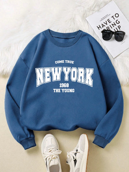 New York 1968 Women Sweatshirt Black Letter Print Sporty Hoodie Winter Casual Fleece Pullover Crewneck Red Hoody Street Clothing.