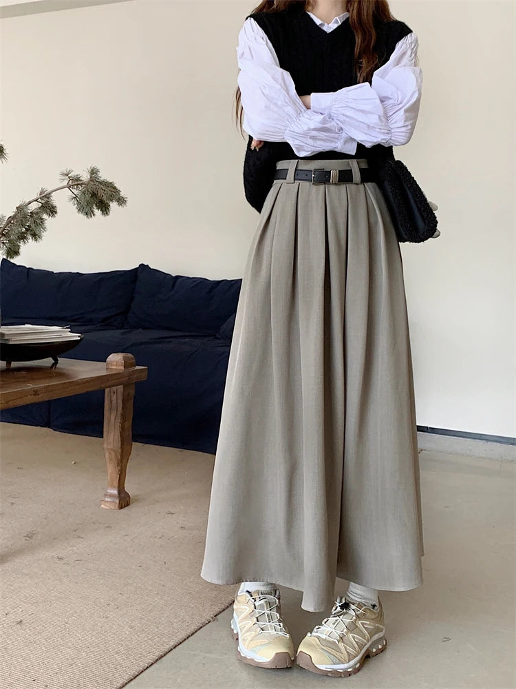 2024 New Korean Skirt Women Solid Color Versatile Mid-length Pleated Skirt Large Swing Type Skirt Female Long Skirts for Women.