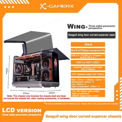X-GAMERX HUANYI WING MATX Seaview room Case Vertical Desktop Computer 360 Water-cooled Chassis TYPE-C Interface With Screen