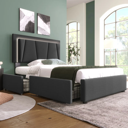 KOMHTOM Polsterbett Einzelbett 90x200 cm, LED-Beleuchtung, 2 Schubladen, höhenverstellbares Kopfteil, ohne Matratze