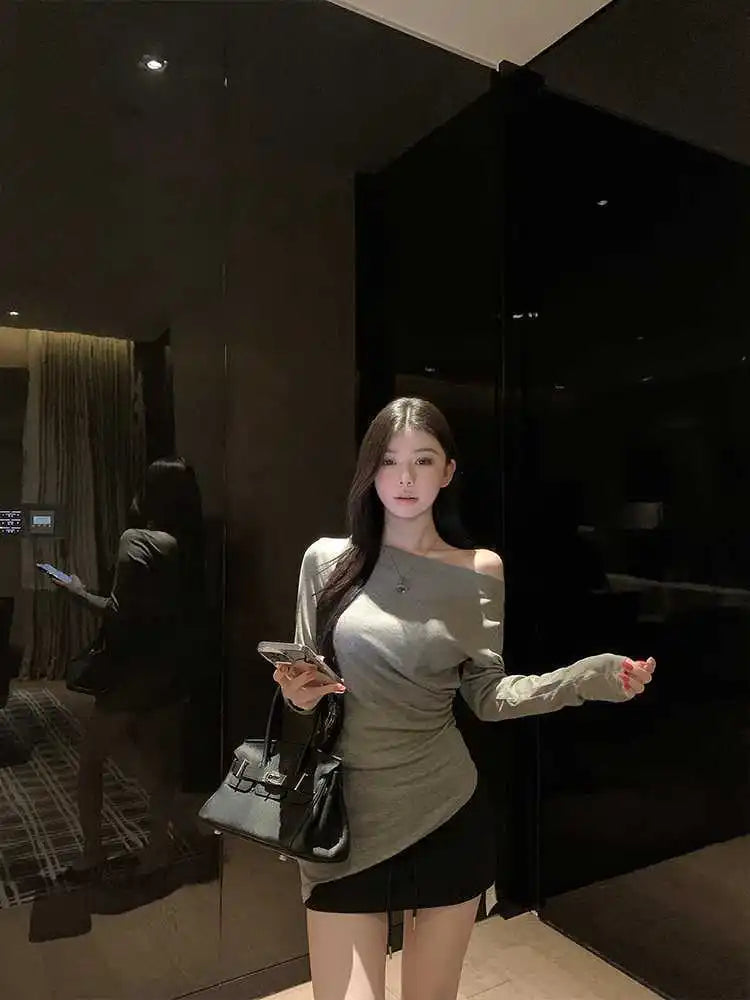Sexy Long Sleeve T-Shirt Shoulder Bared Waist Cinched Slim Fit Knitted Cotton Solid Color Casual Urban Style for Early Autumn