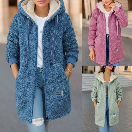 Herbst Winter Verdickte Fleece-gefüttert Sweatshirt frauen Mit Kapuze Top Strickjacke Mid-länge Trendy Neue Stil Lamm Wolle jacke