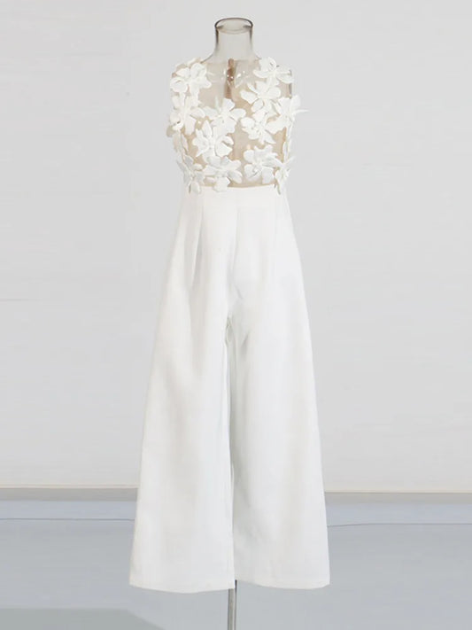 ZMEENNA Elegant White Floral Applique Jumpsuit For Women Sleeveless Wide Leg Romper With Sheer Mesh Top Perfect ZM726.