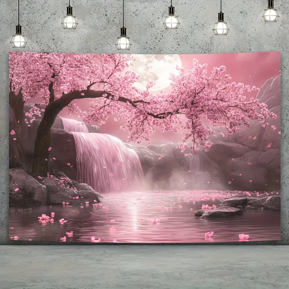 1pc Cherry Blossom Backdrop with Pink Sakura Tree & Waterfall Scene - Vibrant Polyester Fabric Wall Art for Living Room, Outdoor.
