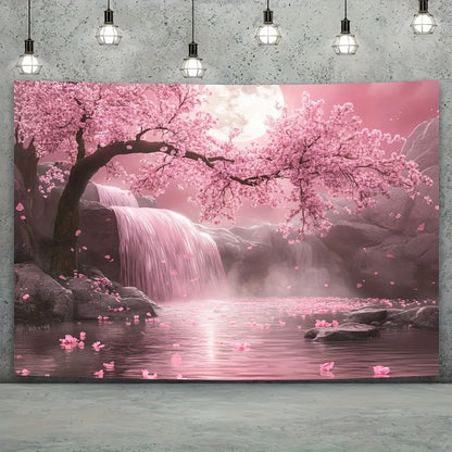 1pc Cherry Blossom Backdrop with Pink Sakura Tree & Waterfall Scene - Vibrant Polyester Fabric Wall Art for Living Room, Outdoor.