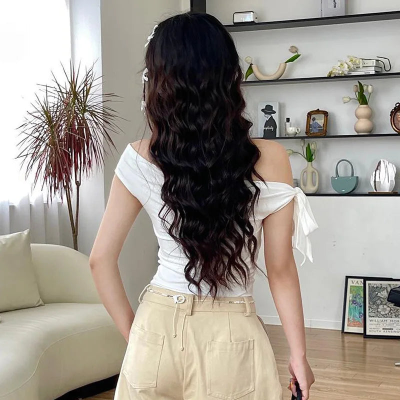 2025 Women'S Summer Ins Style New Shrink Pleated One-Shoulder Crop Top Backless Twist Tie Asymmetric T-Shirt Casual Top.