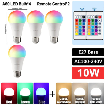 E27 RGB LED Bulb Base 24 Key Remote Control Dimmable 10W RED Blue AC220V 110V Colorful Change for Bedroom Living Room Desk Lamp.