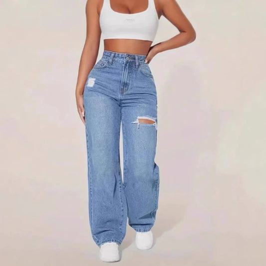 Mom Jeans Women Denim Pant Wide Leg Long Pants Hole High Waist Straight Trousers Y2k Streetwear Work Splice Casual 2025 Punk.