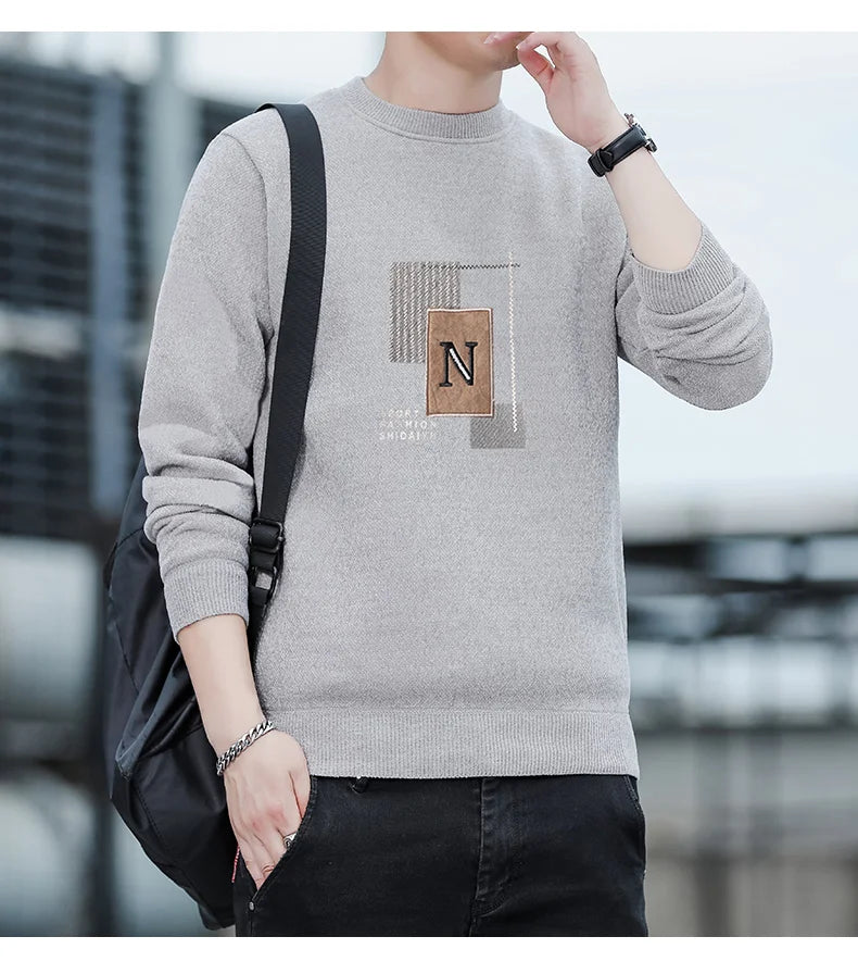Autumn Winter Fashion Sweater Men's Round Neck Pullovers Fleece Thick Warm Jumpers Pattern Patchworked Men's Clothes.