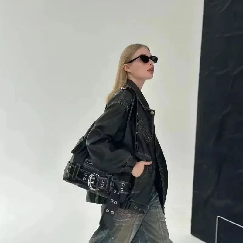 Belt buckle Women Luxury Designer Handbag And Purses PU Rivet Multiple Pockets Y2K Large Capacity Shoulder bags big totes.