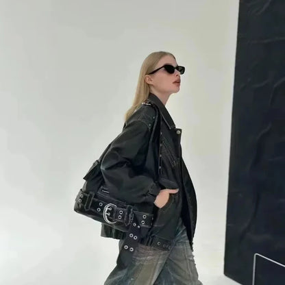 Belt buckle Women Luxury Designer Handbag And Purses PU Rivet Multiple Pockets Y2K Large Capacity Shoulder bags big totes.