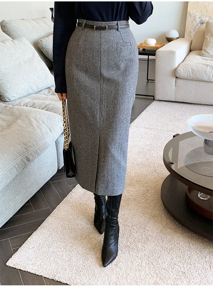 Gray Pencil Skirts Belted Elegant Women Slim Office Ladies Casual A-Line High Waist Split Midi Skirt Autumn Winter.