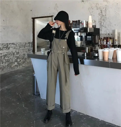 Jumpsuits Women Design Loose Fashion Vintage Students Spring Korean Style Straight Leisure Belt Simple Solid Elegant Tender Cozy.