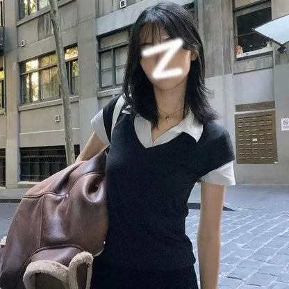 Korean Style College Polo Neck Splice Fake Two-Piece Short Sleeve T-Shirt Modal Material Flip Collar Short Length Female Top.